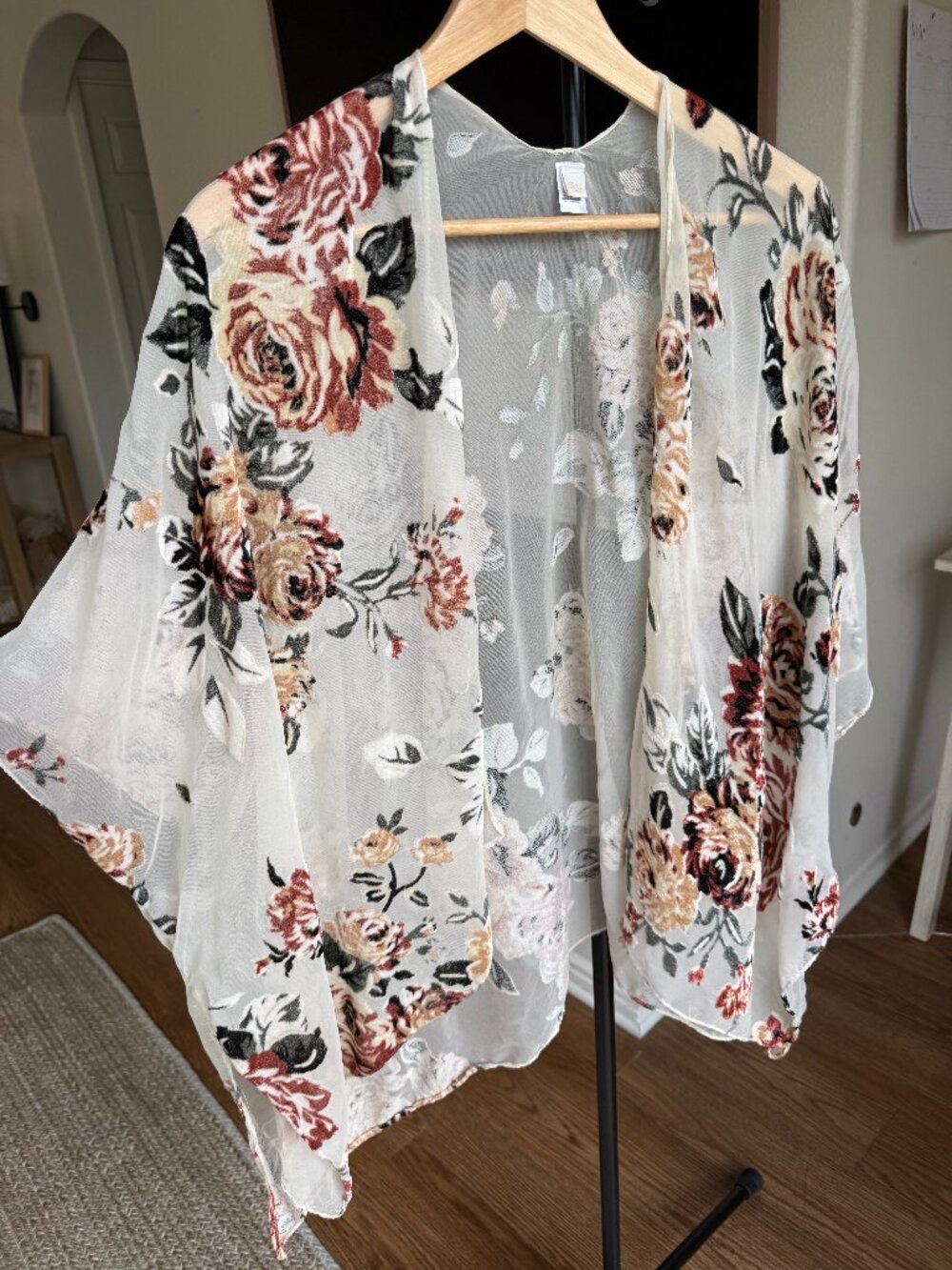 Sheer Flocked Floral Kimono Cardigan Boho Festival CottageCore Shabby Chic